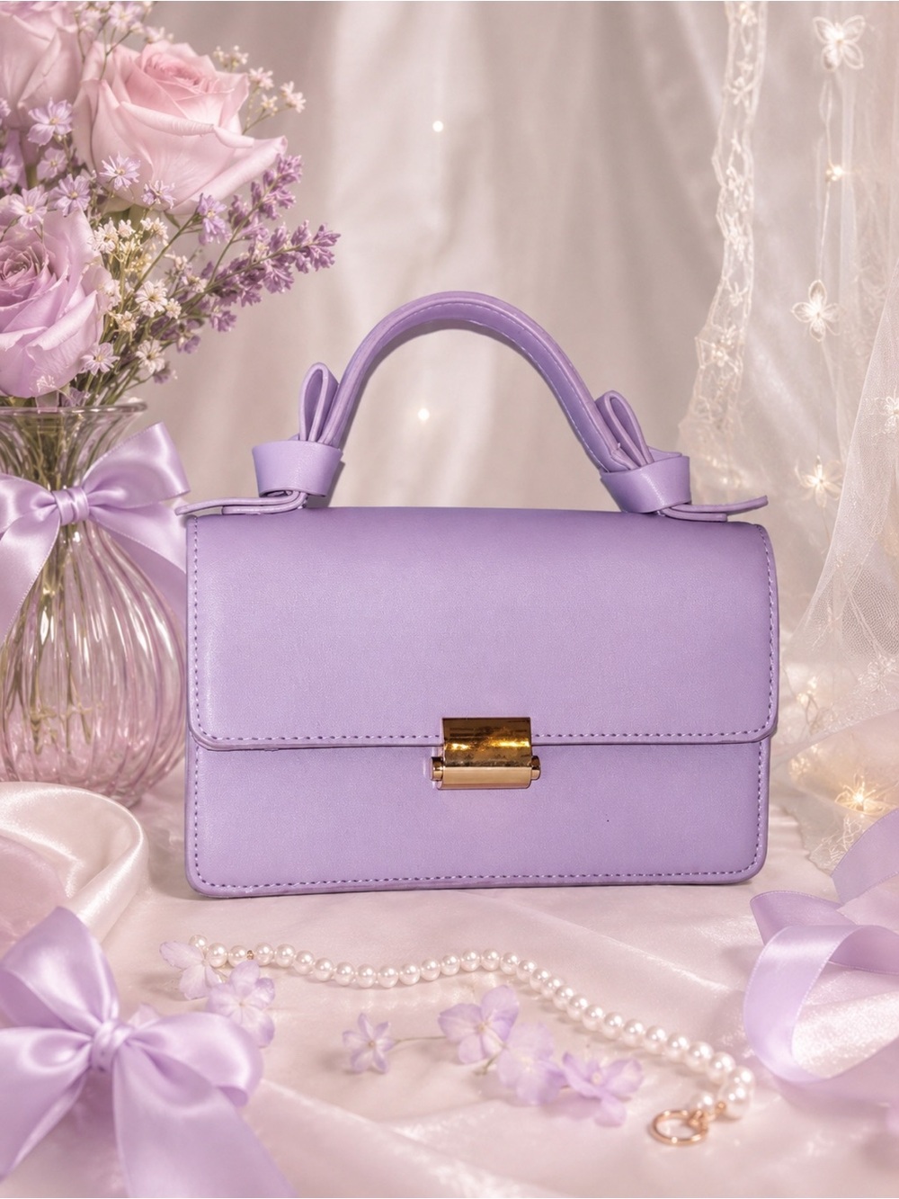 Coquette Lavender Mini Purse with Gold Hardware and Knot Details